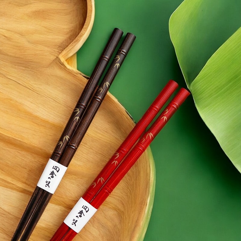 Close-up of red and dark brown bamboo-inspired chopsticks on a wooden plate.