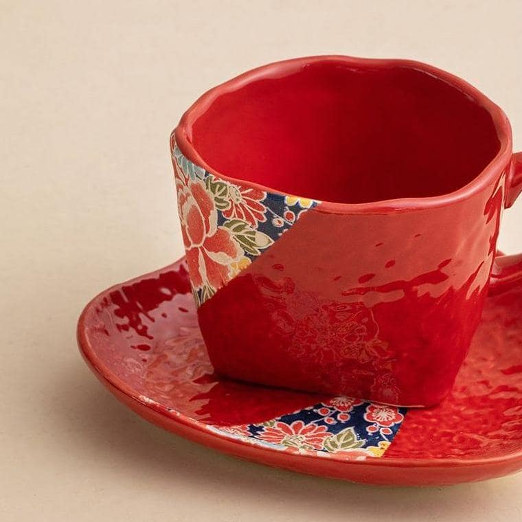 Japanese retro red mug and saucer with elegant packaging