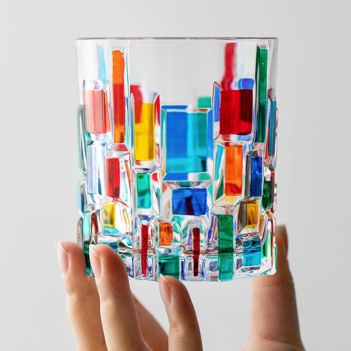 Top view of Murano mosaic glass reflecting colorful light