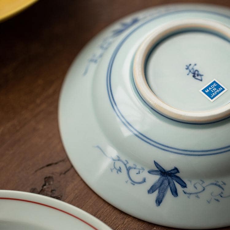 Hand-painted Japanese ceramic plates set displayed on a wooden table