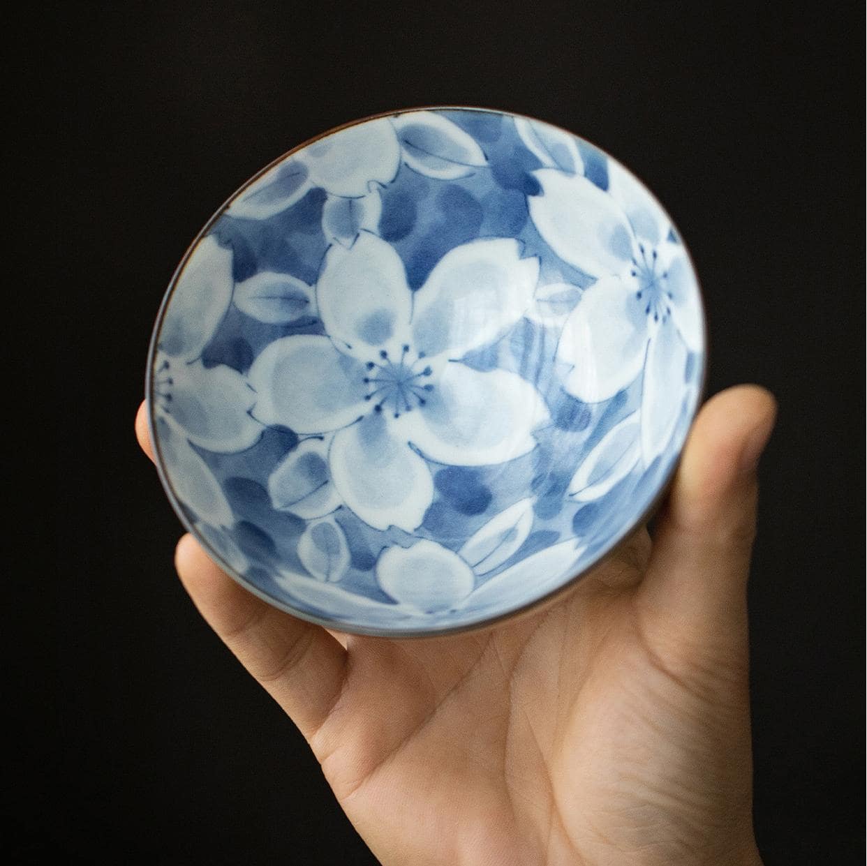 Hand holding a ceramic bowl with rice and chopsticks