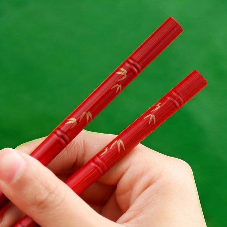 Elegant chopstick set displayed with a natural wood plate and bamboo leaf.