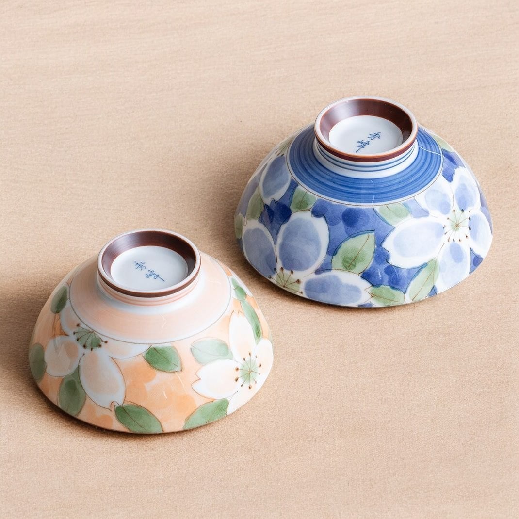 Blue floral ceramic bowl on a wooden table