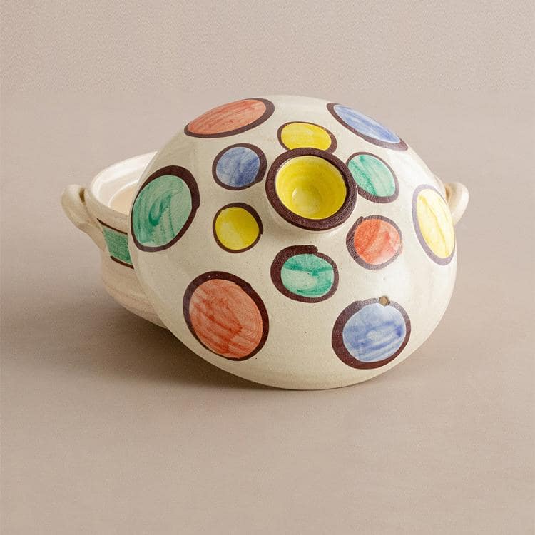 Hand-painted Japanese ceramic pot with colorful planet design