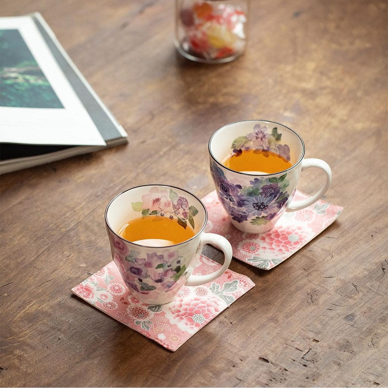 Porcelain tea mugs with vibrant floral patterns