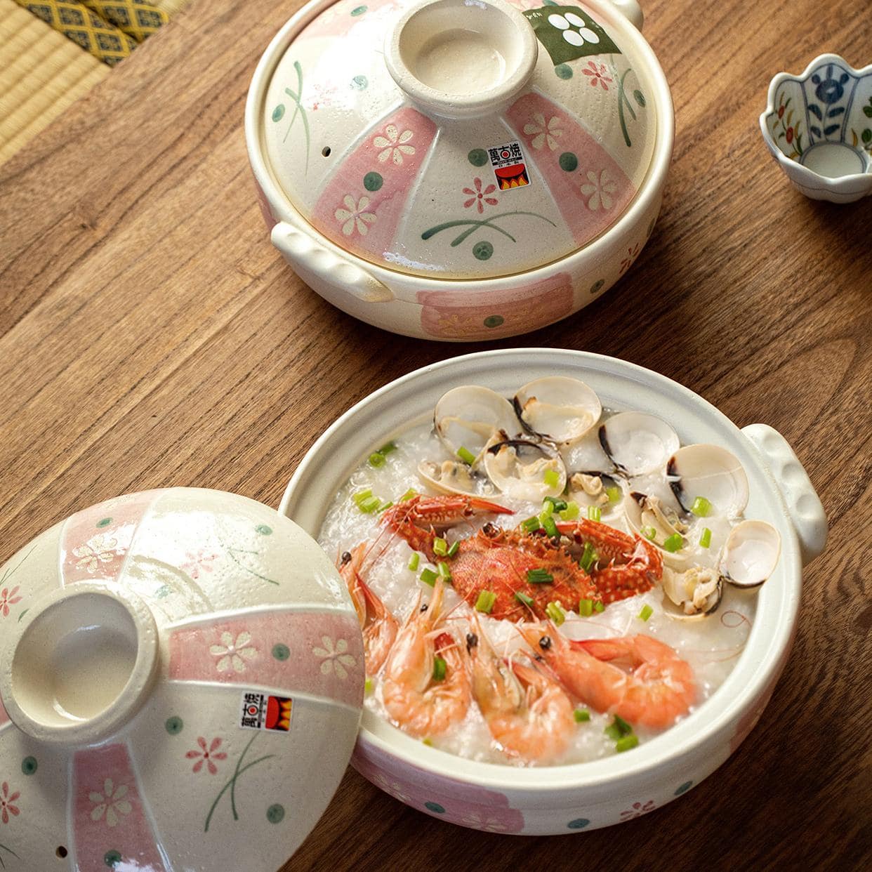 Japanese ceramic casserole pot with floral hand-painted design