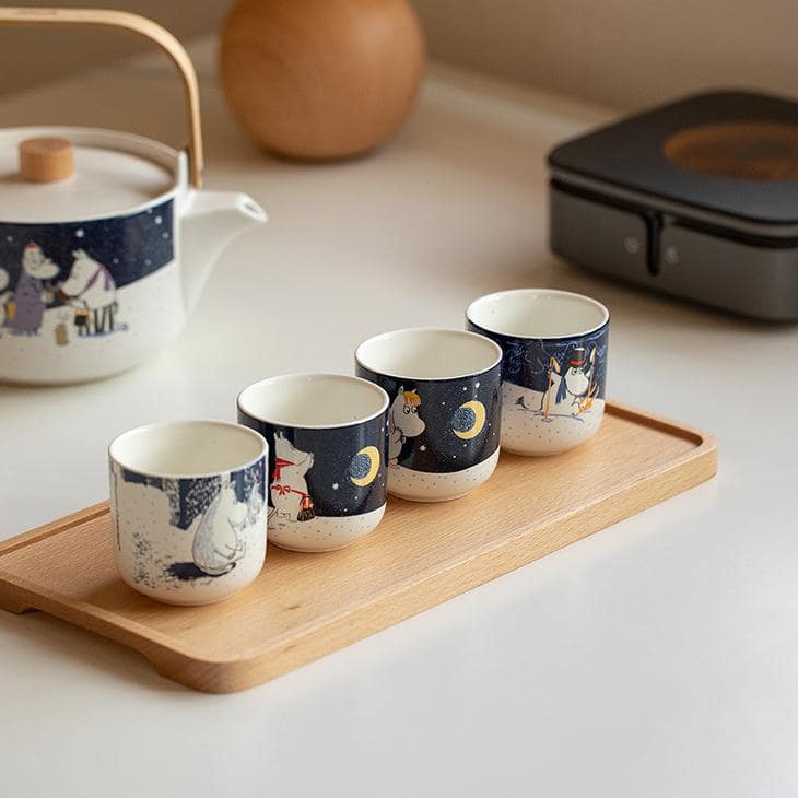 Moomin tea set with green-lidded teapot and matching cups.