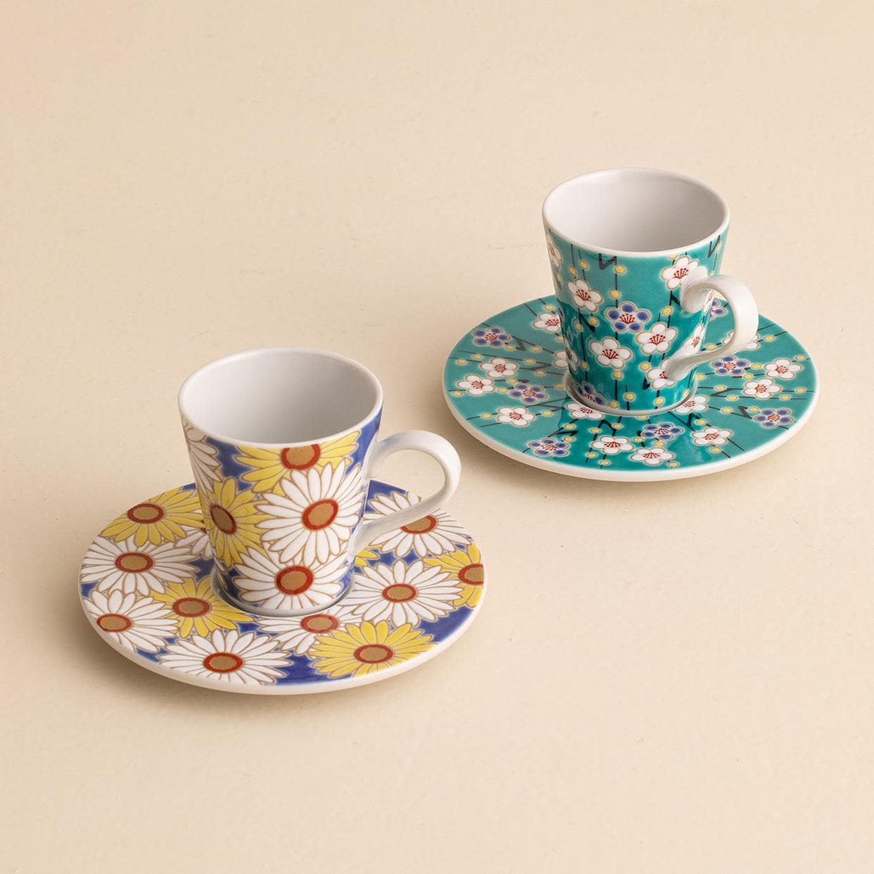 Detailed view of espresso cup set showcasing intricate patterns