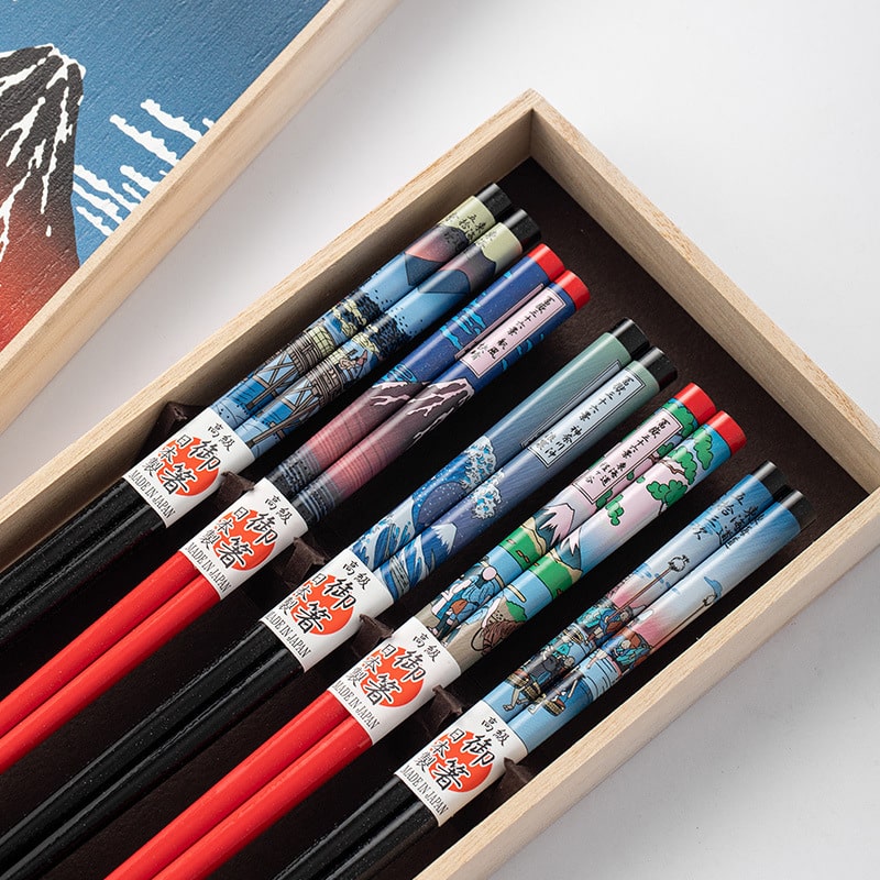 Close-up of Japanese chopsticks set in a decorative wooden box