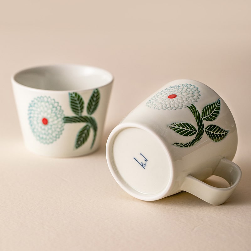 Handmade Japanese ceramic tea set with floral design.