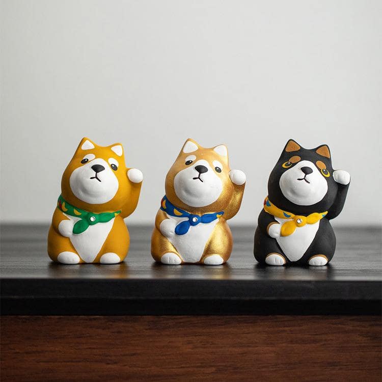 Japanese Shiba Inu and Maneki-Neko figurines for desk décor