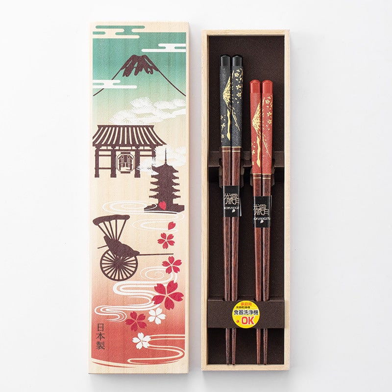 Assorted Japanese chopsticks featuring traditional cultural motifs