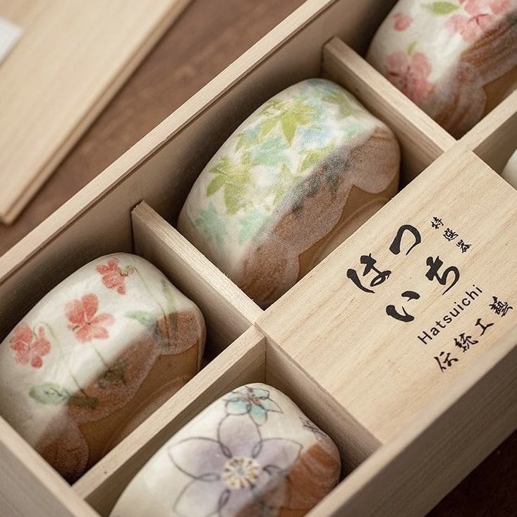 Handcrafted Japanese tea cup set in an elegant wooden box.