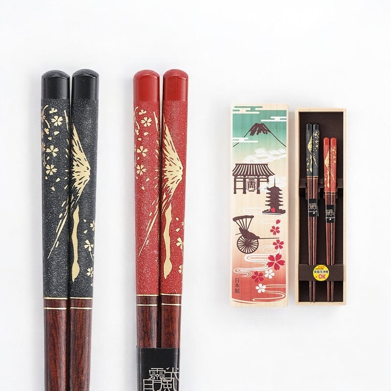 Assorted Japanese chopsticks featuring traditional cultural motifs