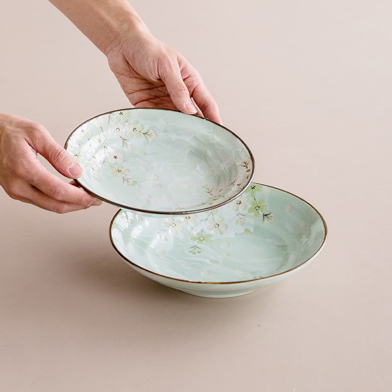 Close-up of cherry blossom motif on Mino Ware dinner plate.