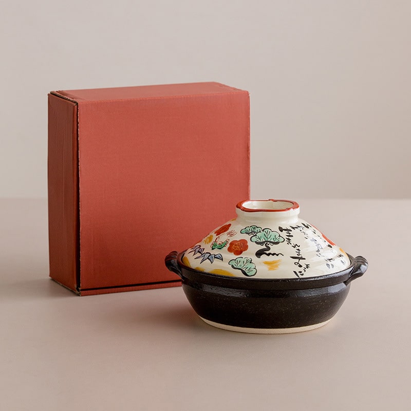 Hand-painted Japanese Yutachi Kiln casserole pot with lid.