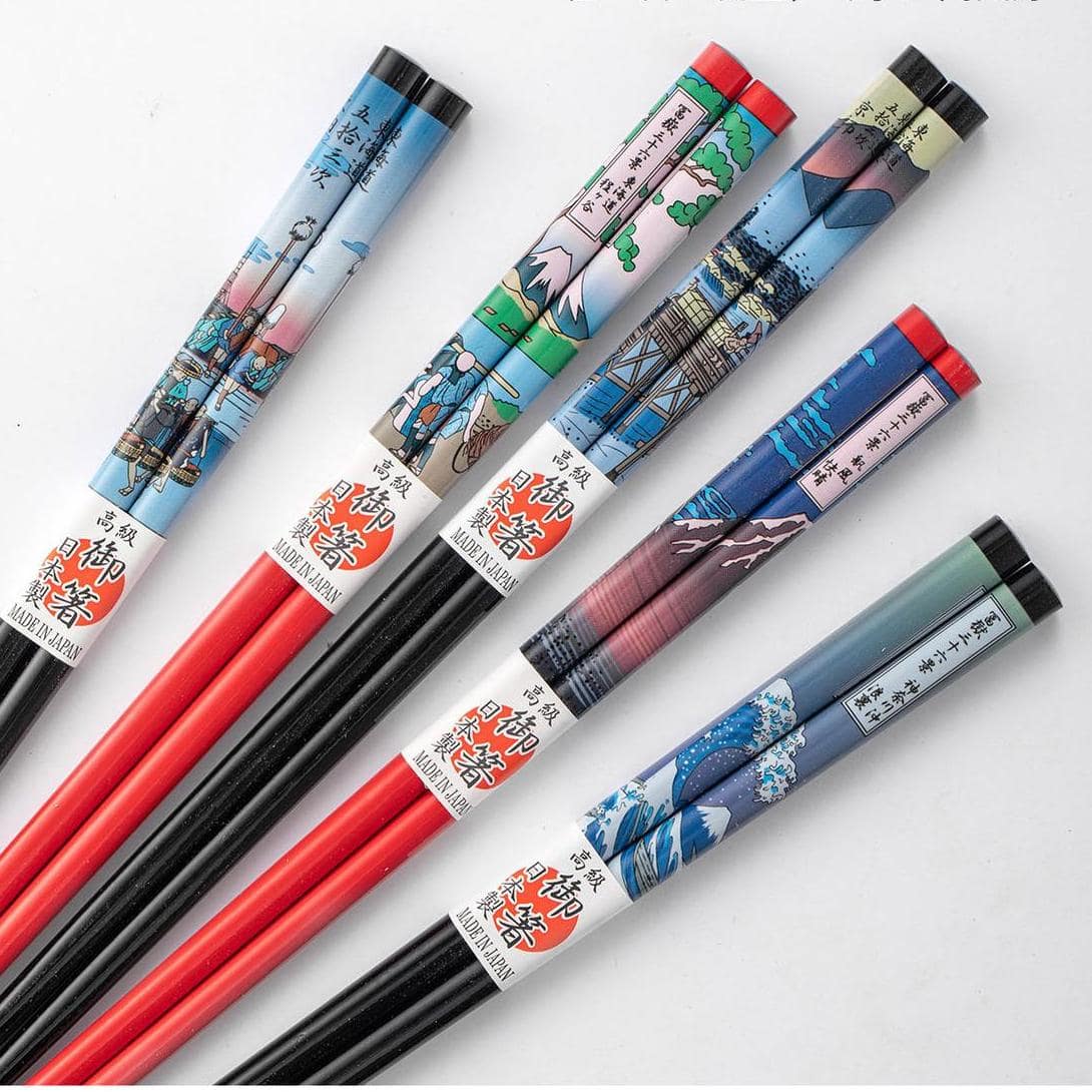 Assorted Japanese chopsticks featuring traditional cultural motifs