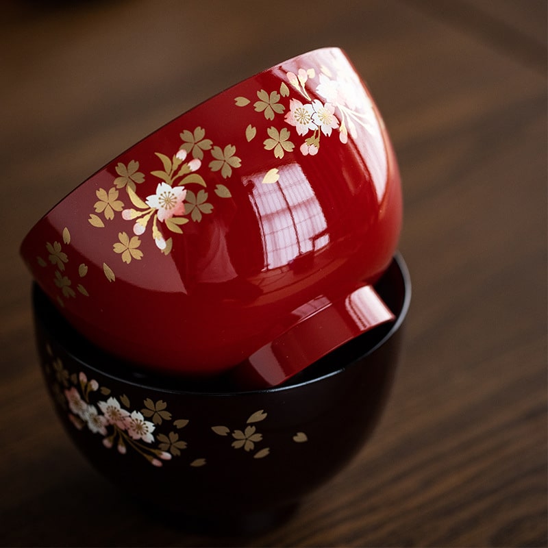 Japanese lacquerware couple bowl set with cherry blossom design