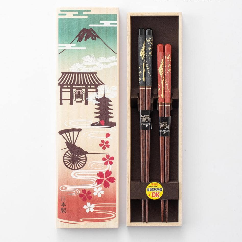 Assorted Japanese chopsticks featuring traditional cultural motifs