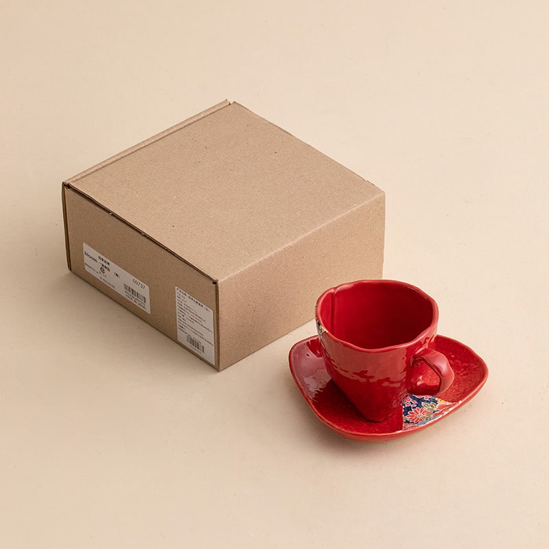 Japanese retro red mug and saucer with elegant packaging