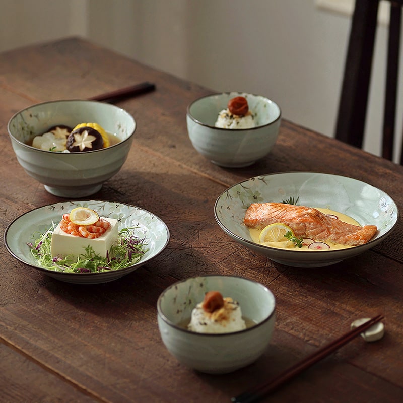 Japanese dinner table setting featuring Mino Ware plates.