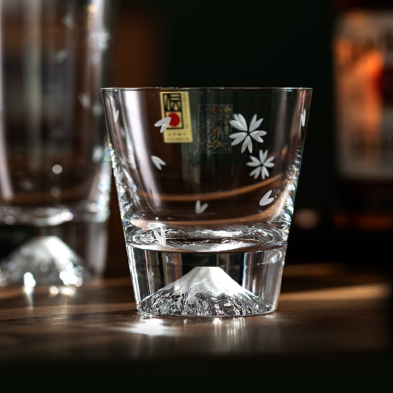 Crystal whiskey glass featuring Mount Fuji and cherry blossoms