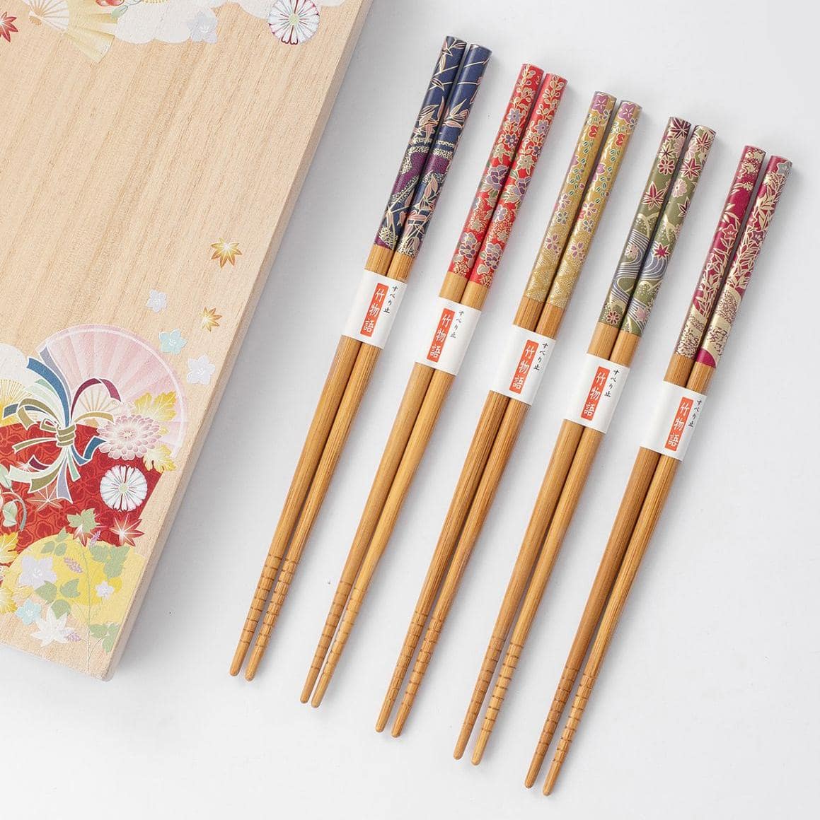 Close-up of Japanese chopsticks set in a decorative wooden box