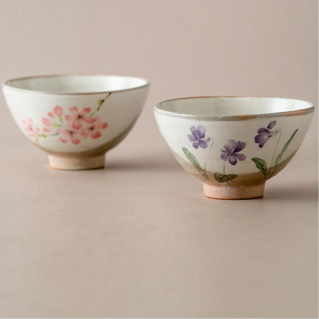 Five floral ceramic bowls displayed with wooden box packaging