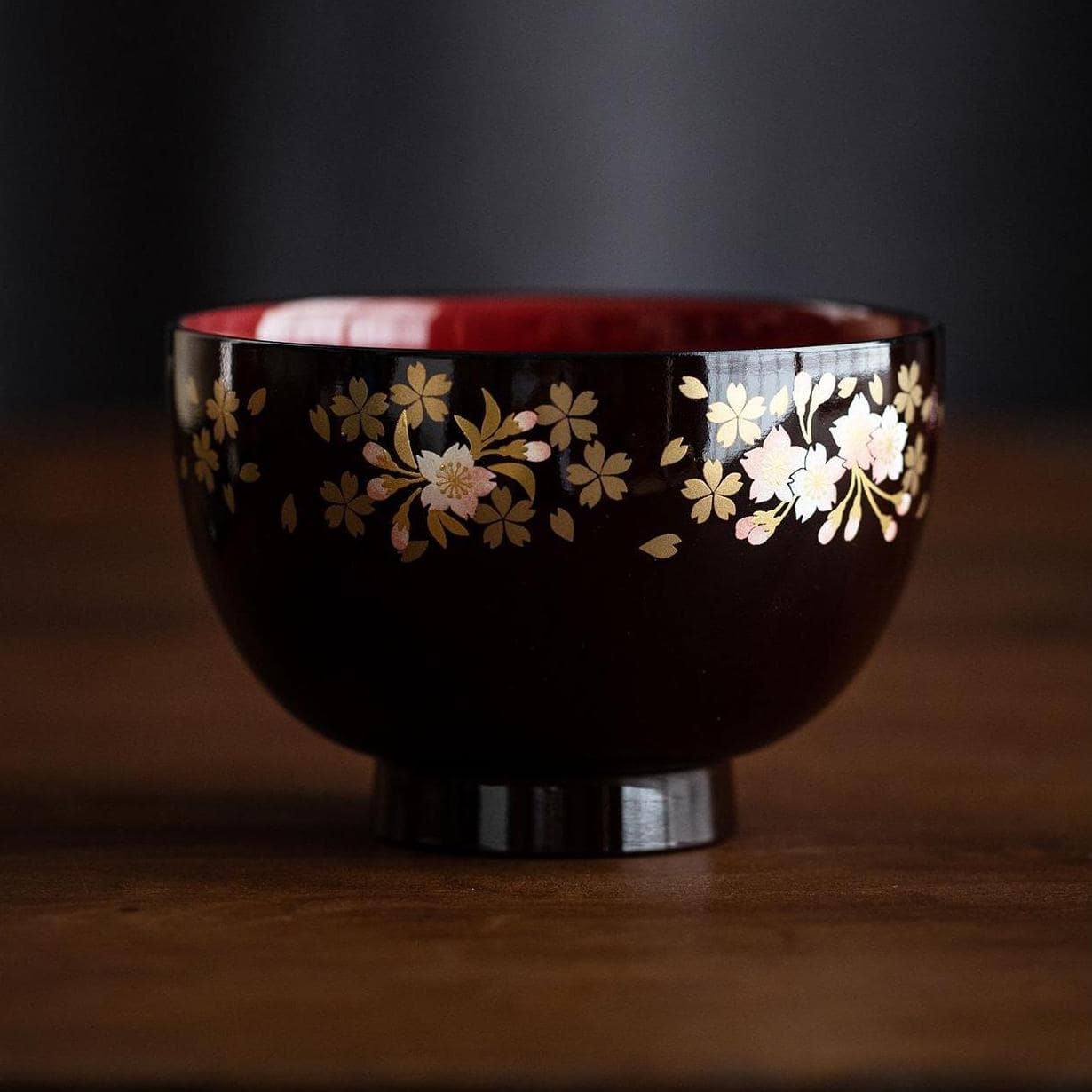 Red cherry blossom bowl with golden floral accents