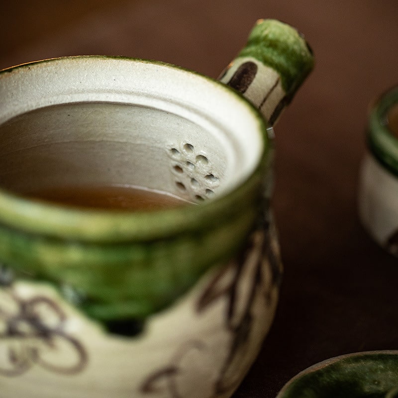 Close-up of anti-scalding handle and built-in mesh filter on Kyusu teapot.