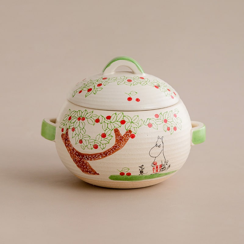 Moomin ceramic soup pot featuring playful cherry illustrations.