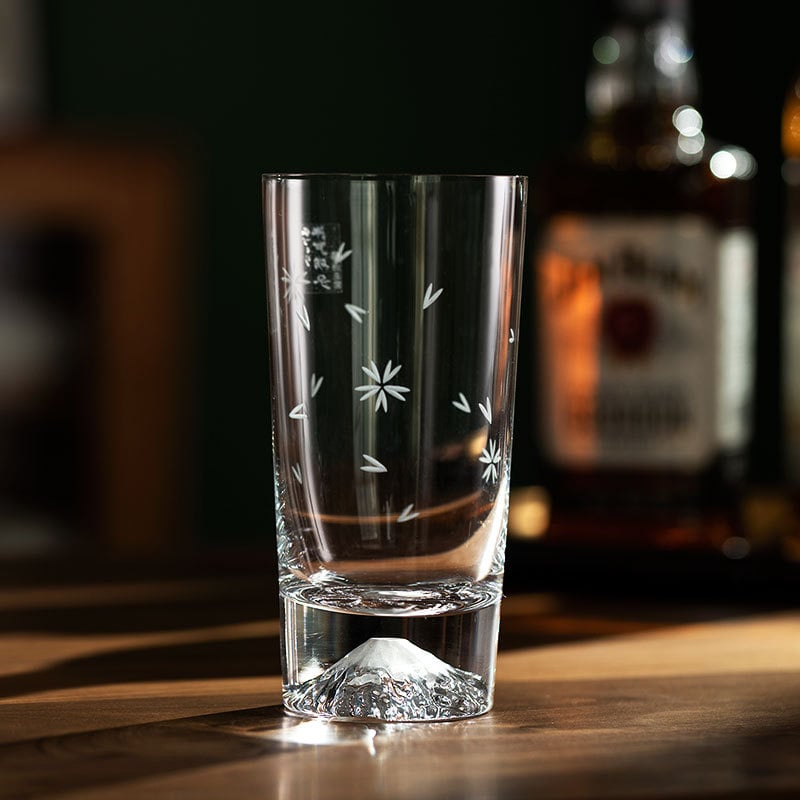 Handcrafted Japanese whiskey glass with etched Mount Fuji base