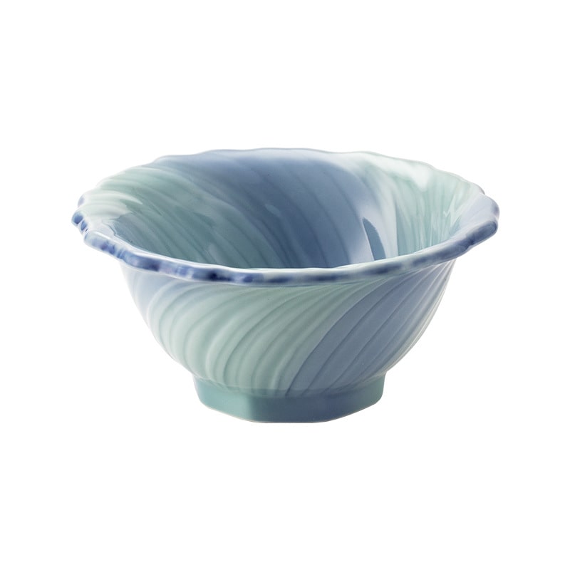 Japanese Mino Ware flower-shaped ceramic bowl with pastel blue gradient.