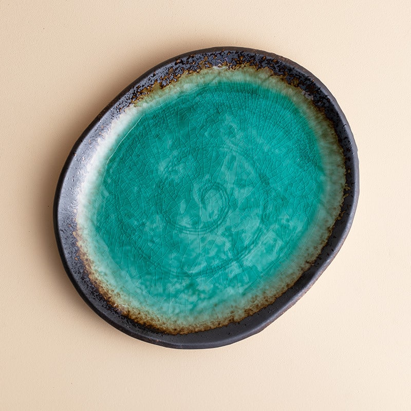 Artisan dinner plate with crackled turquoise glaze