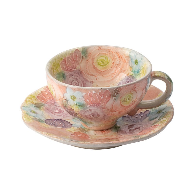 Japanese dance pottery tea cup and saucer with colorful hand-painted flowers