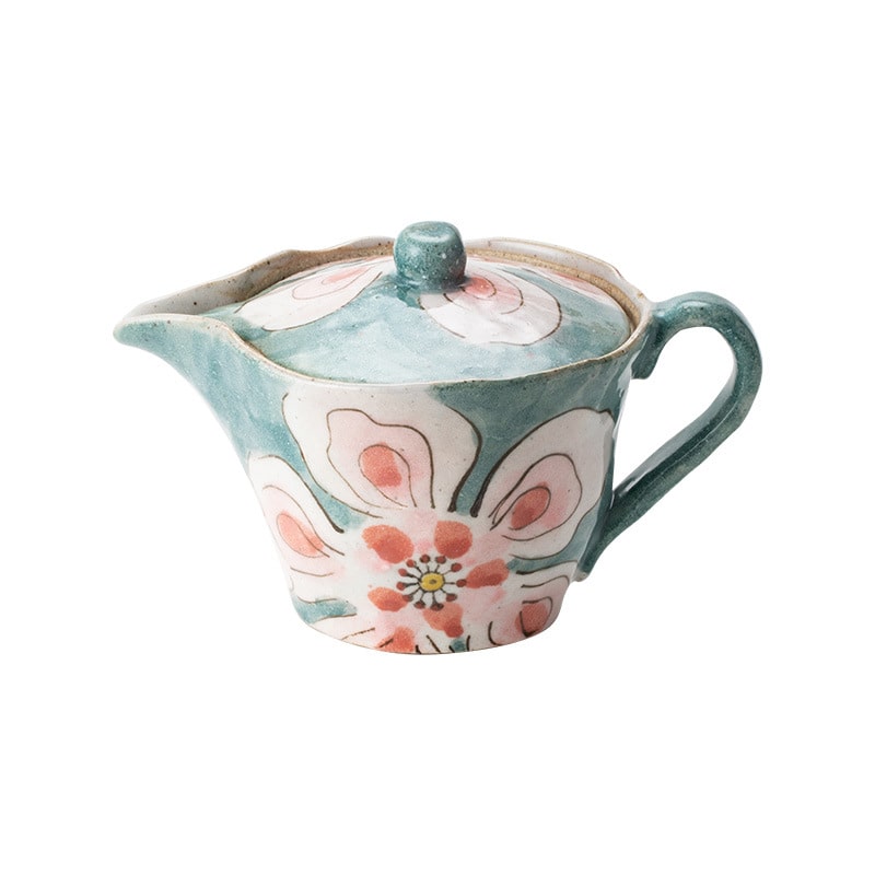 Elegant hand-glazed ceramic teapot with pink and green florals