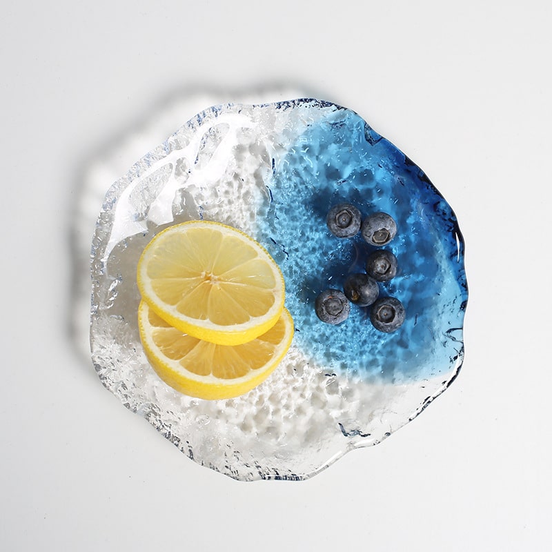 Heat-resistant Japanese glass salad plate on a white surface.