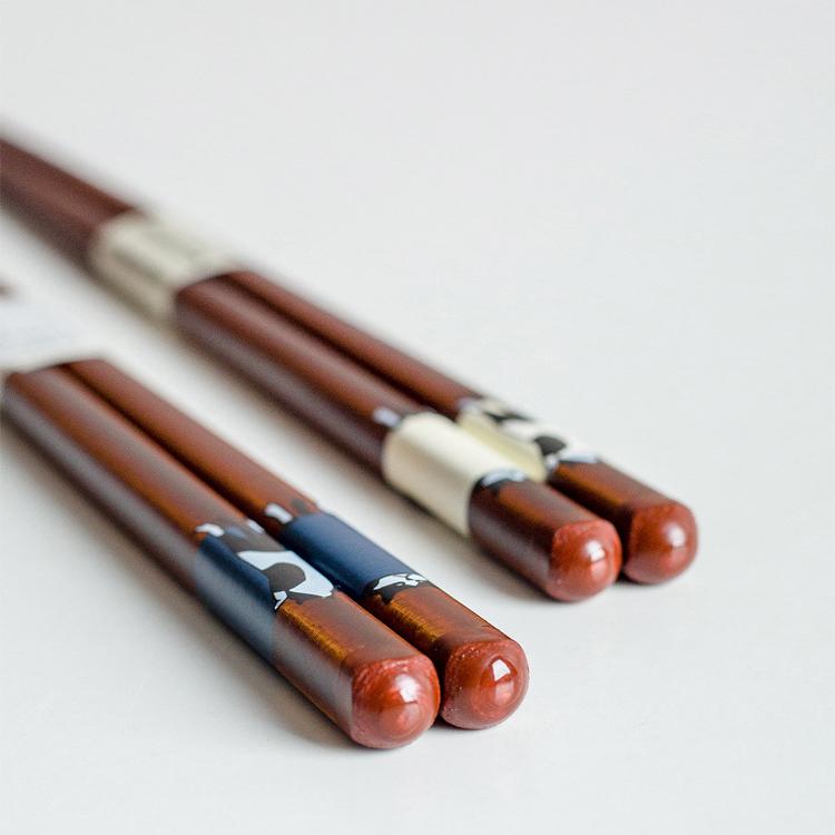 Hand holding Japanese chopsticks with cat designs