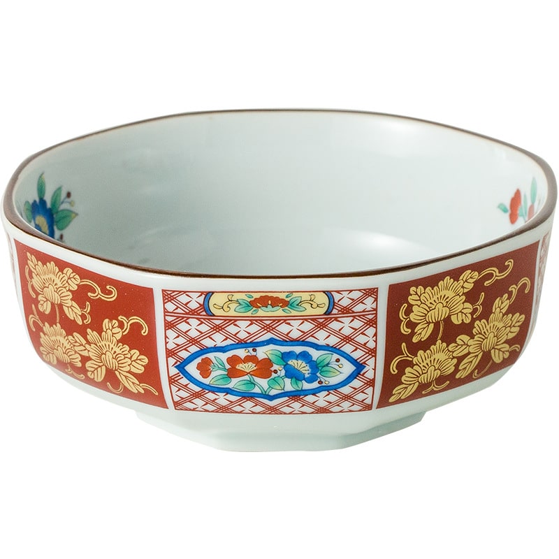 Set of five ceramic soup bowls with intricate Japanese designs.