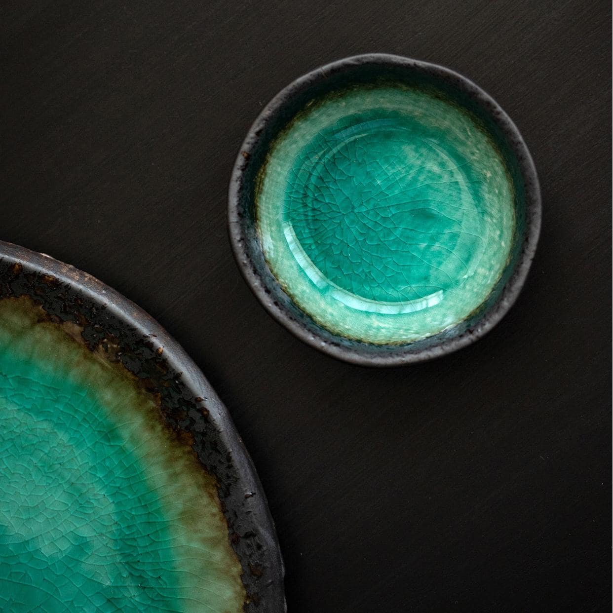 Artisan dinner plate with crackled turquoise glaze