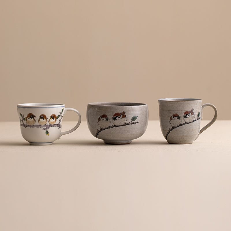 Hand-painted sparrow ceramic cup and matching bowl