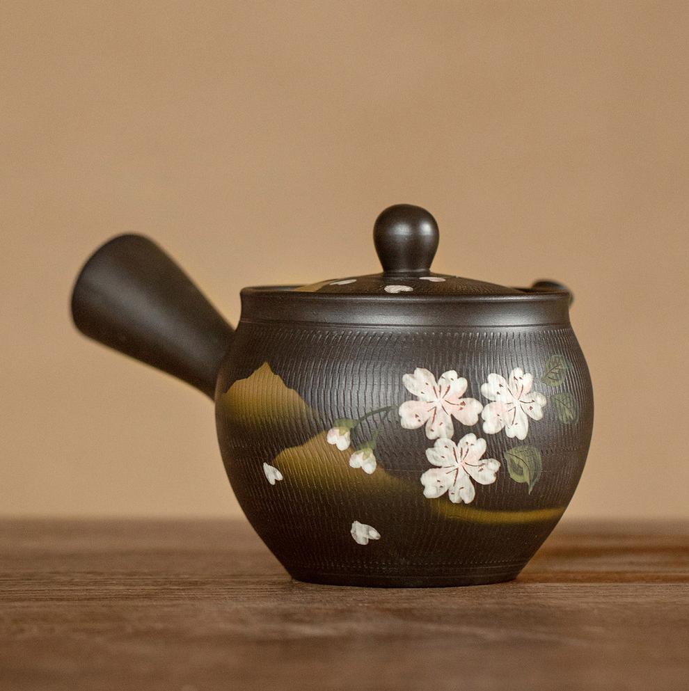 Handmade Japanese Kyusu teapot with cherry blossom motif