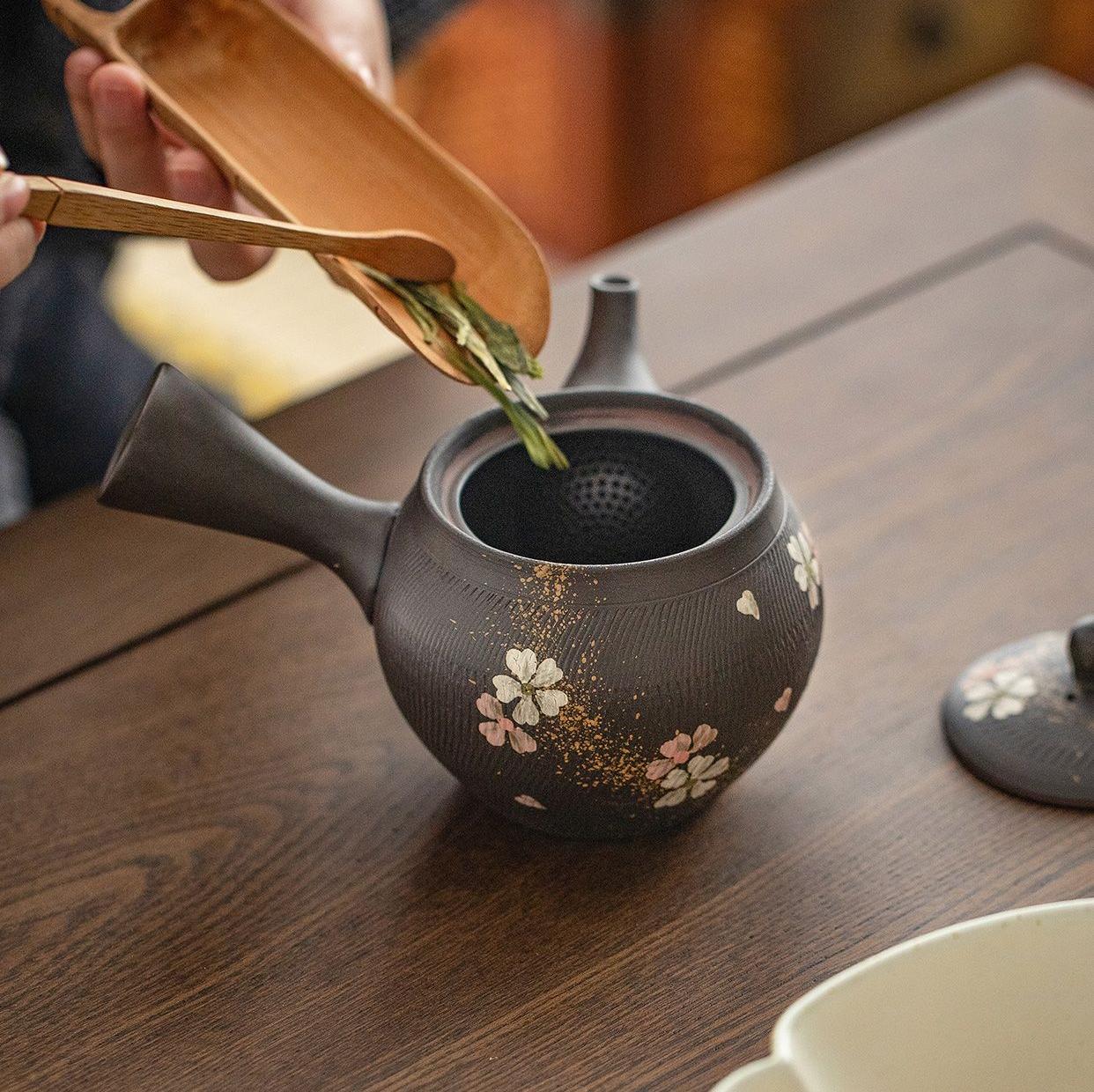 Handmade Japanese Kyusu teapot with cherry blossom motif