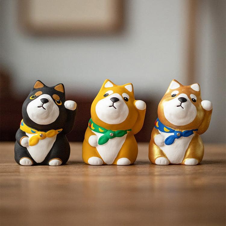 Japanese Shiba Inu and Maneki-Neko figurines for desk décor