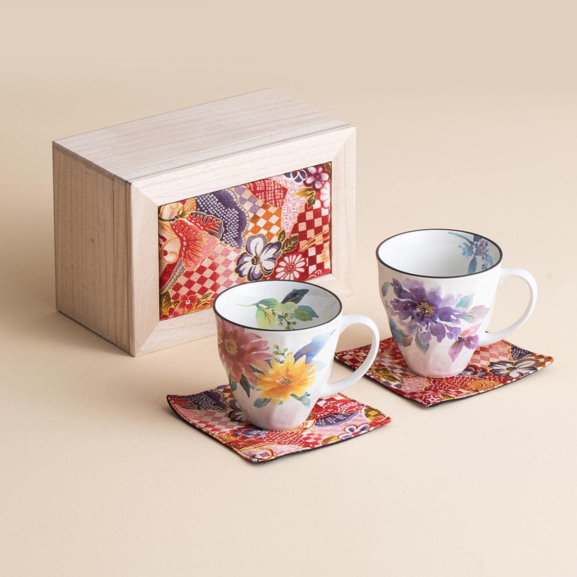 Japanese floral porcelain teacups with wooden box