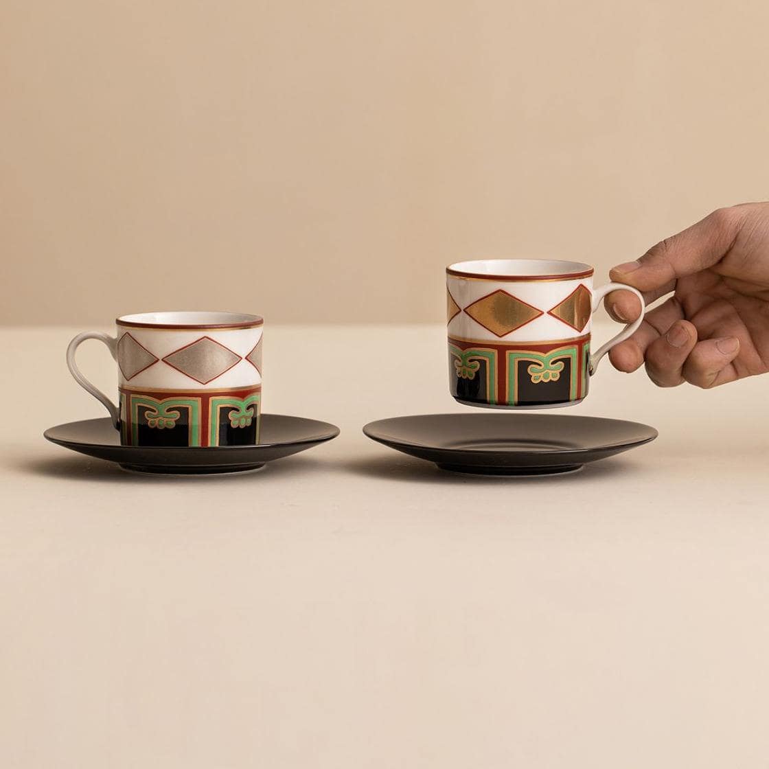 Elegant Japanese Mino ware couple cups with red floral painting.