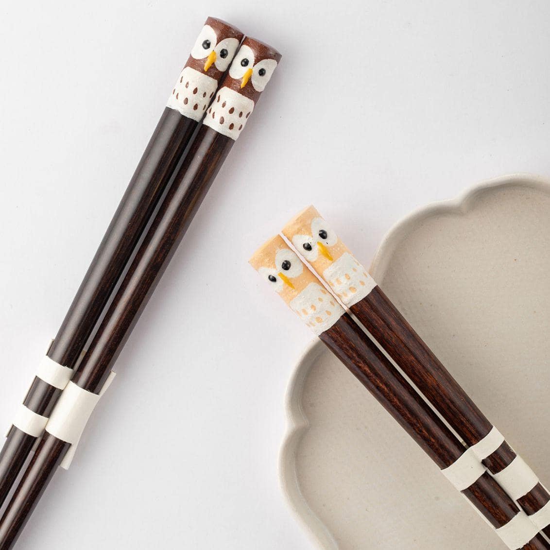 Pair of Japanese handmade owl-themed wooden chopsticks