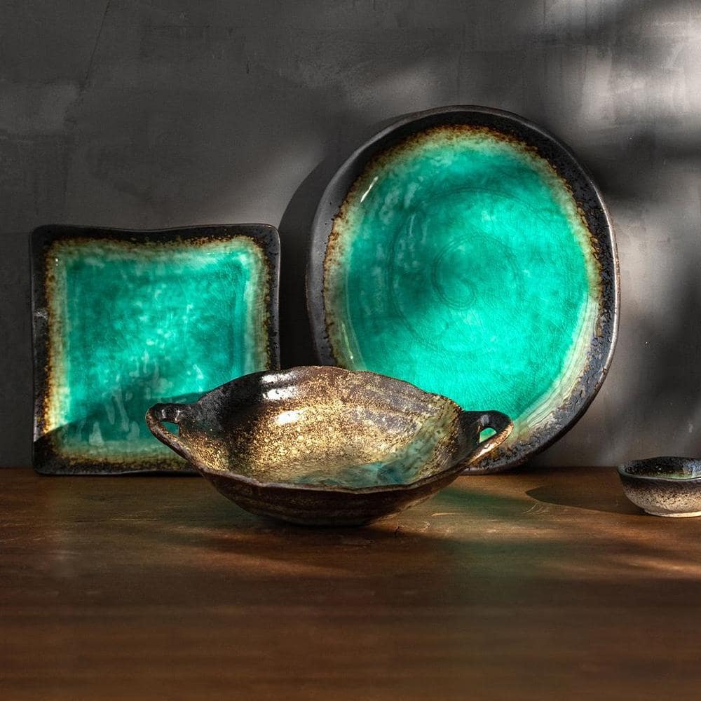 Durable ceramic serving bowl with green accents