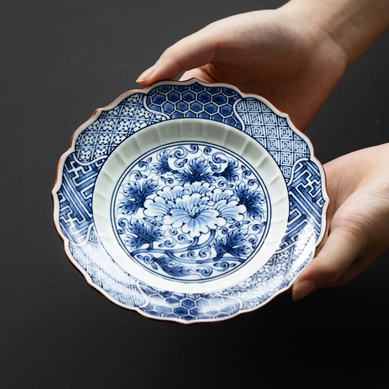 Hand holding a blue and white Japanese dinner plate