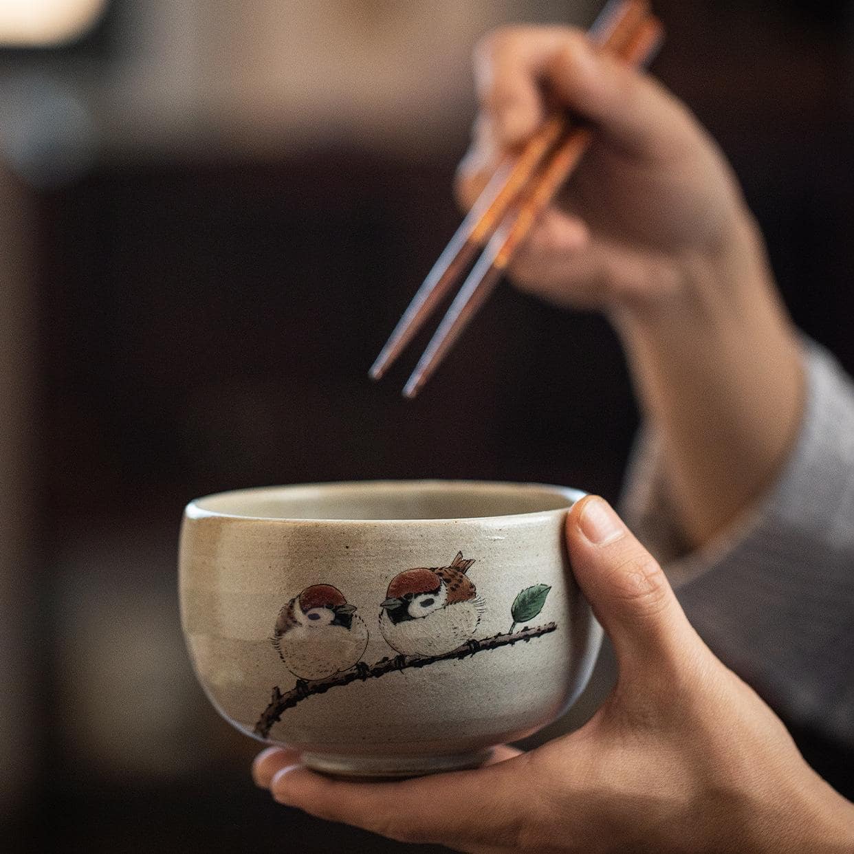 Hand-painted sparrow ceramic cup and matching bowl